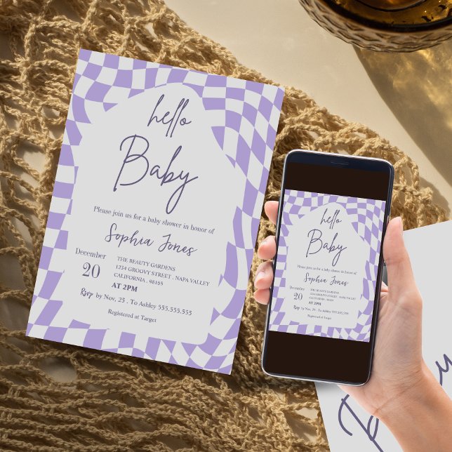 Hello Baby Purple Chequered Gingham | baby shower Invitation (Creator Uploaded)