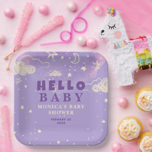Hello Baby Purple Dream Baby Shower Paper Plate