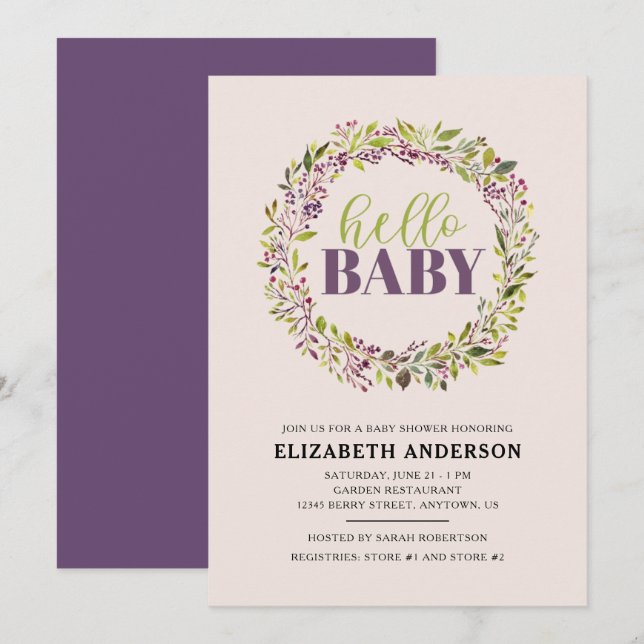 Hello Baby Purple Wreath Baby Shower Invitation (Front/Back)