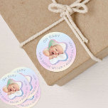 Hello Baby Rainbow and Star Custom Photo Classic Round Sticker<br><div class="desc">Announce the arrival of your little one in a truly magical way with our collection of birth announcement items, featuring a vibrant rainbow-coloured background adorned with sparkling stars. Each piece in this collection is designed to celebrate the joy and wonder of your new addition, providing a beautiful and memorable way...</div>