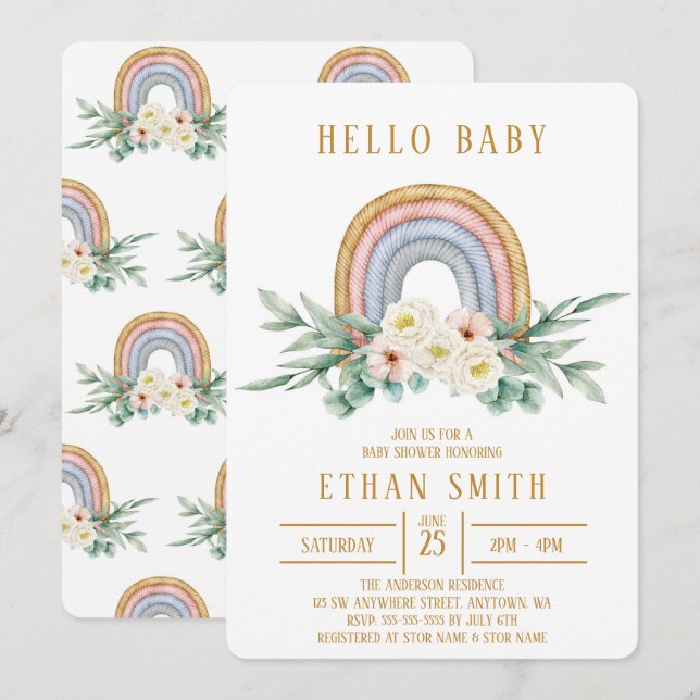 Hello Baby Rainbow Floral Watercolor Baby Shower Invitation (Front/Back)