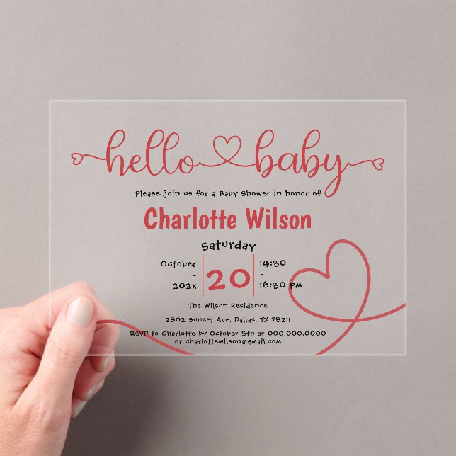 Hello Baby Red Heart Minimal Baby Shower Acrylic Invitations (Insitu (Handheld))