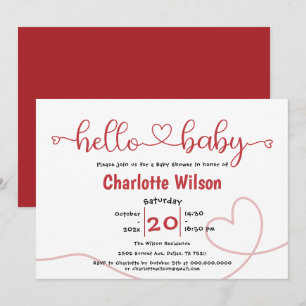 Hello Baby Red Heart Minimal Baby Shower Invitation
