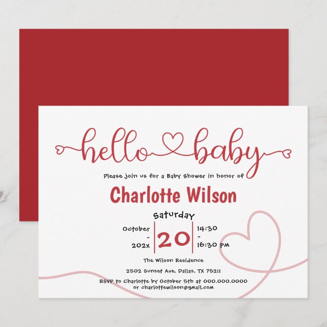 Hello Baby Red Heart Minimal Baby Shower Invitation (Front/Back)