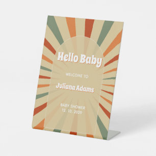 Hello Baby Retro 70's Baby Shower Welcome Pedestal Sign