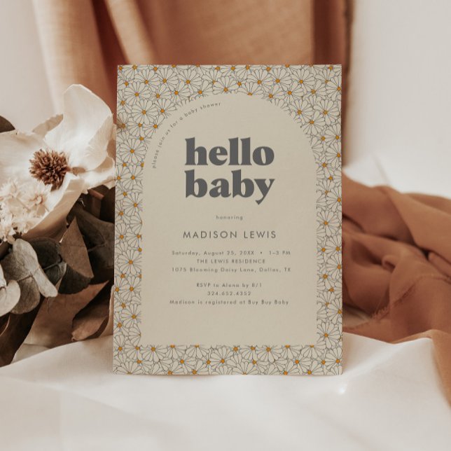 Hello Baby Retro Boho Daisy Baby Shower Invitation (Creator Uploaded)