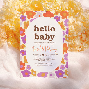 Hello Baby Retro Daisy Orange & Purple Baby Shower Invitation