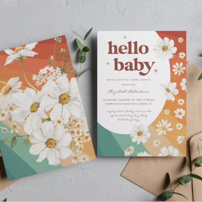 Hello Baby | Retro Daisy Rainbow Baby Shower Invitation (Creator Uploaded)