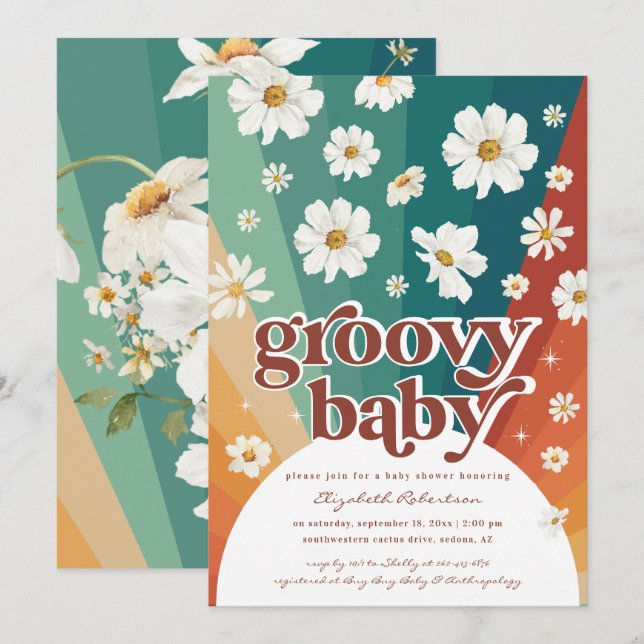 Hello Baby | Retro Daisy Rainbow Baby Shower  Invitation (Front/Back)