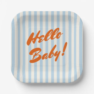 Hello Baby Retro Orange Blue Stripes Baby Shower Paper Plate