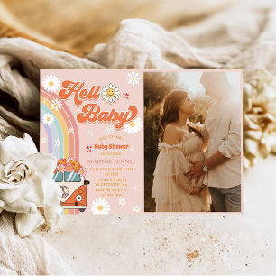Hello Baby Retro Rainbow Baby Shower Party Photo Invitation