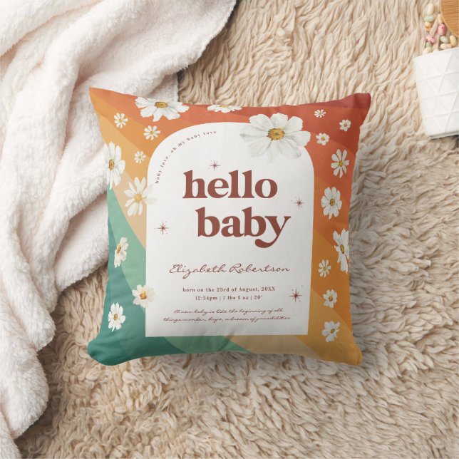 Hello Baby | Retro Rainbow Daisy Birth Stats Cushion (Blanket)