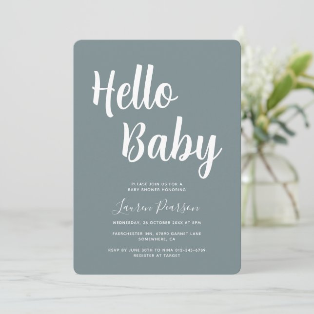 Hello Baby Rustic Blue Baby Shower Invitation (Standing Front)