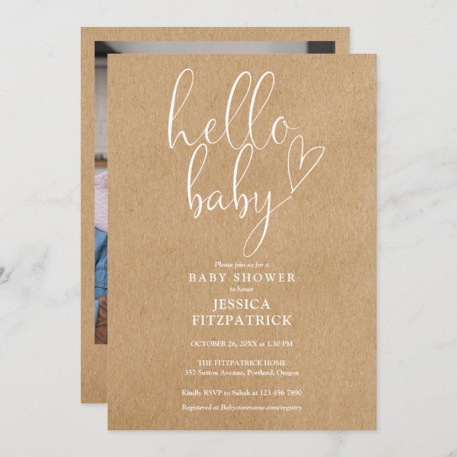 Hello Baby Rustic Kraft Photo Baby Shower Invitation (Front/Back)