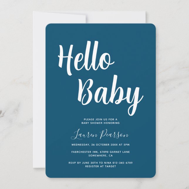 Hello Baby Rustic Ocean Blue Baby Shower  Invitation (Front)