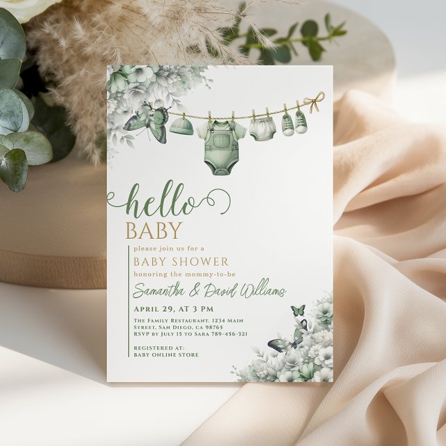 Hello Baby Sage Green Botanical Baby Shower Invitation (Creator Uploaded)