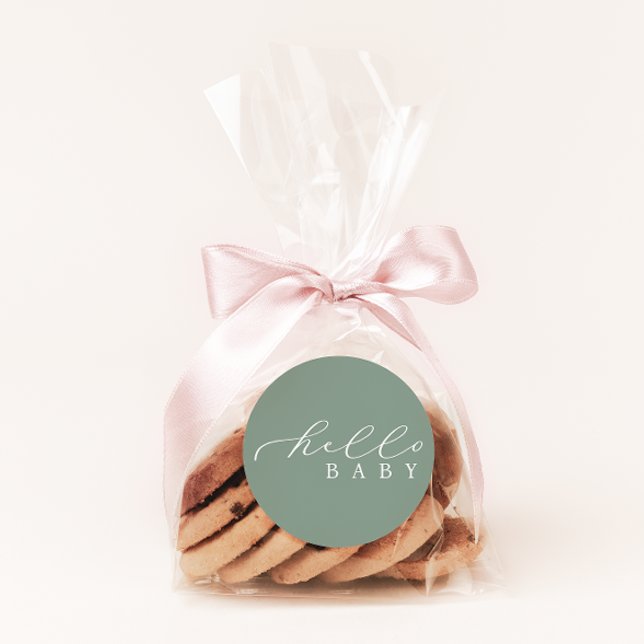 Hello Baby Sage Minimalist Script Baby Shower Classic Round Sticker (Creator Uploaded)