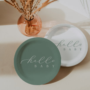 Hello Baby Sage Script Minimalist Baby Shower Paper Plate