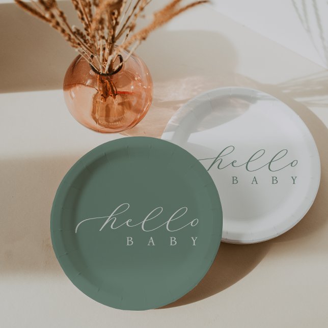 Hello Baby Sage Script Minimalist Baby Shower Paper Plate (Creator Uploaded)