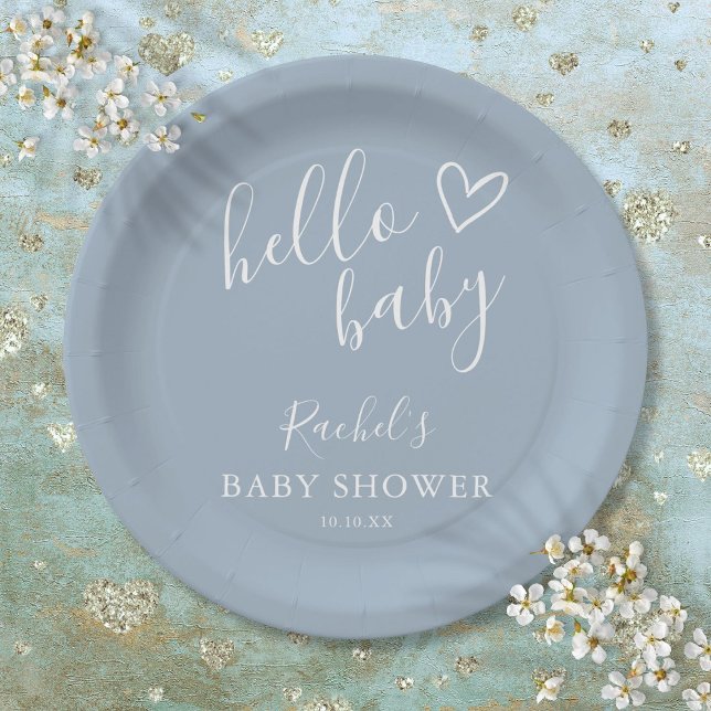 Hello Baby Shower Baby Boy Dusty Blue Cute Heart Paper Plate (Hello Baby Shower Baby Boy Dusty Blue Cute Heart Paper Plates)