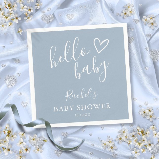 Hello Baby Shower Dusty Blue Baby Boy Cute Heart Napkin (Hello Baby Shower Dusty Blue Baby Boy Cute Heart Napkins)