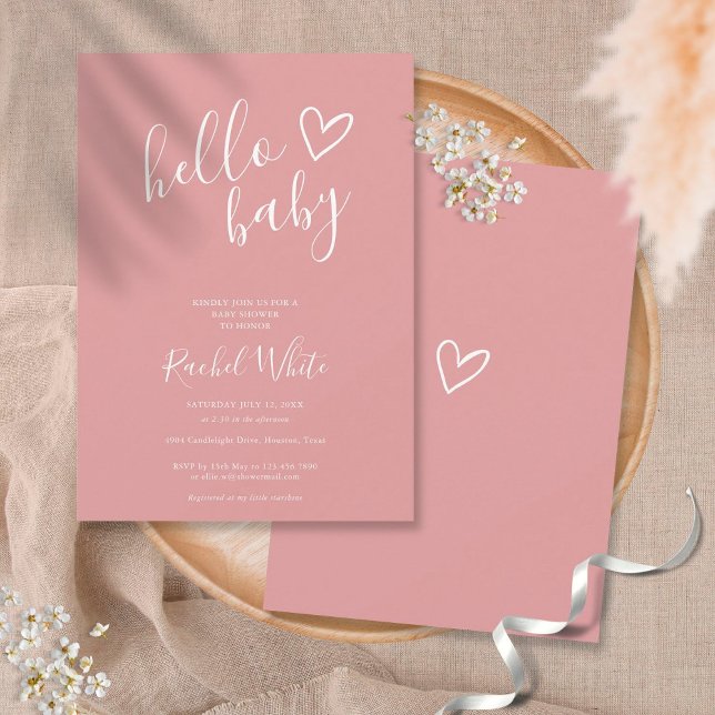 Hello Baby Shower Dusty Rose Pink Baby Girl Invitation (Creator Uploaded)