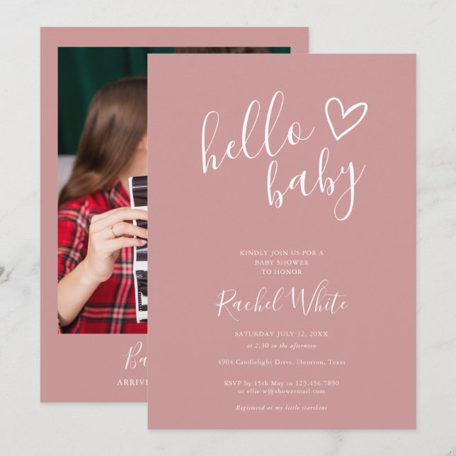Hello Baby Shower Dusty Rose Pink Baby Girl Photo Invitation (Front/Back)