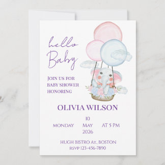 Hello Baby Shower Elephant in Air Balloon Invitation