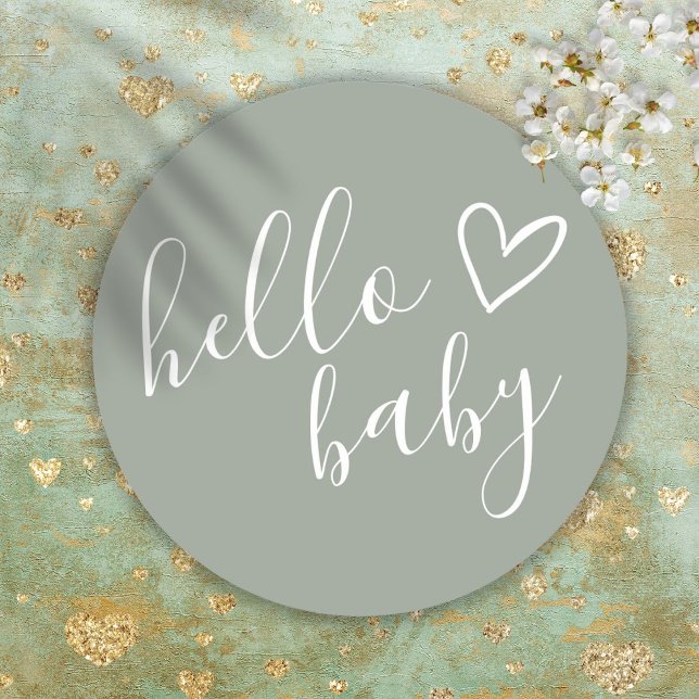 Hello Baby Shower Gender Neutral Boho Sage Green Classic Round Sticker (Hello Baby Shower Gender Neutral Boho Sage Green Classic Round Sticker)