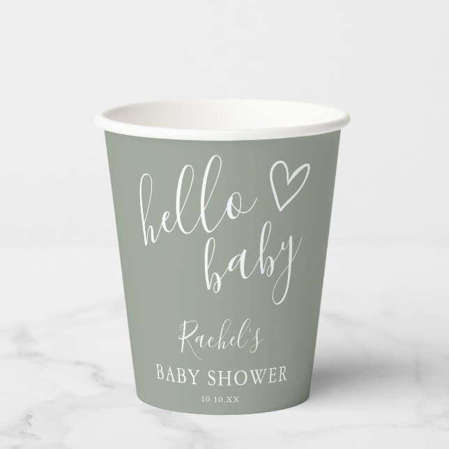 Hello Baby Shower Gender Neutral Boho Sage Green Paper Cups (Front)