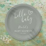 Hello Baby Shower Gender Neutral Boho Sage Green Paper Plate<br><div class="desc">A modern minimalist baby shower paper plate featuring a cute hand-drawn heart and stylish typography on a gender-neutral sage green background. Designed by Thisisnotme©</div>