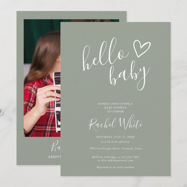 Hello Baby Shower Gender Neutral Sage Green Photo Invitation (Front/Back)