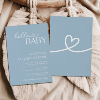 Hello Baby Shower Heart Baby Blue Minimalist Invitation