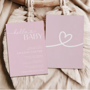 Hello Baby Shower Heart Baby Pink Minimalist Invitation