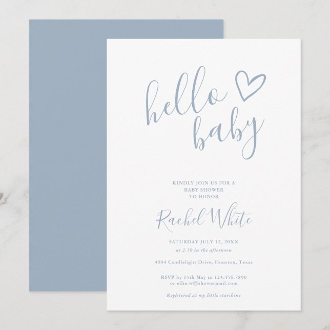 Hello Baby Shower Heart Dusty Blue Minimalist Invitation (Front/Back)