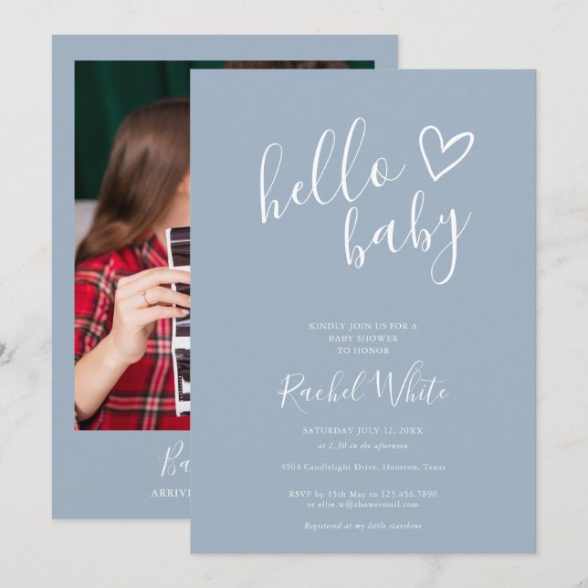 Hello Baby Shower Heart Dusty Blue Photo Invitation (Front/Back)