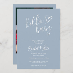 Hello Baby Shower Heart Dusty Blue Photo Invitation