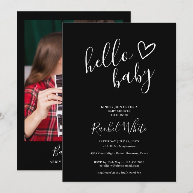 Hello Baby Shower Neutral Black And White Photo Invitation (Front/Back)