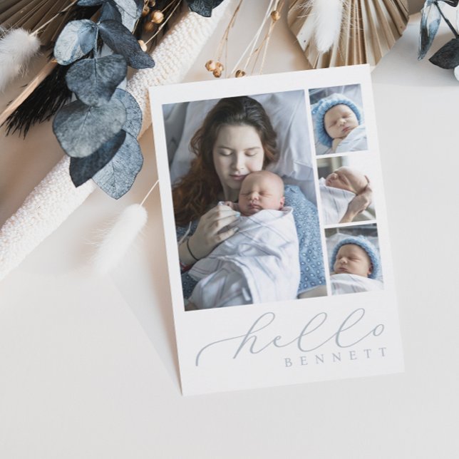 Hello Baby Simple Script Photo Collage Birth  Announcement (Creator Uploaded)