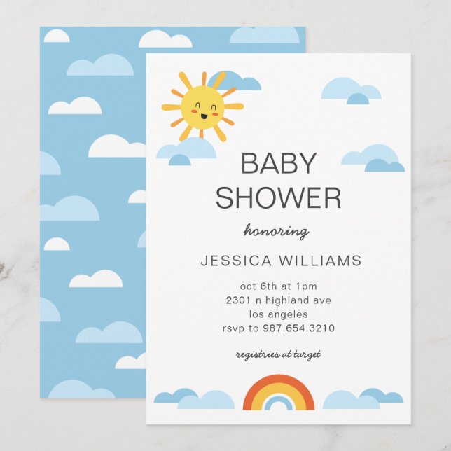 Hello Baby Sun Clouds Rainbow Baby Shower Invite (Front/Back)