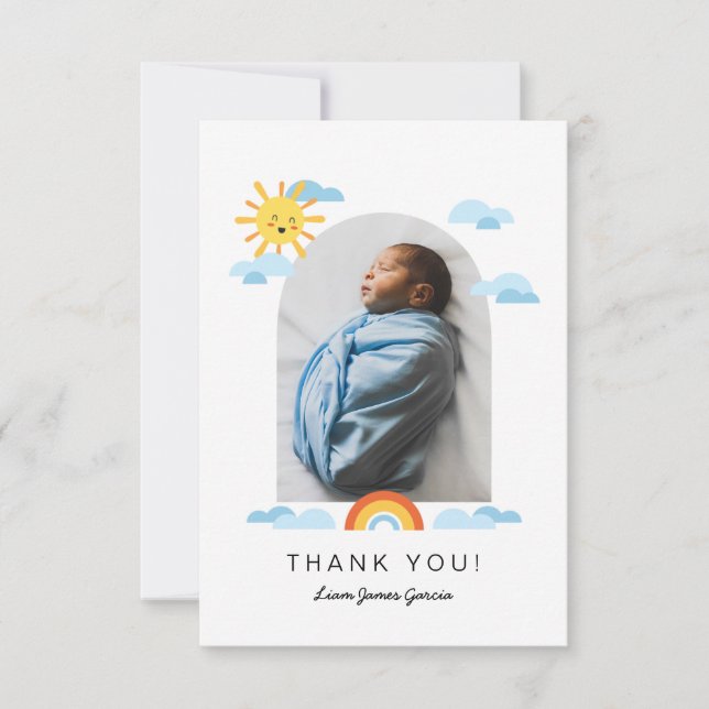 Hello Baby Sun Clouds Rainbow Photo Thank You Card (Front)