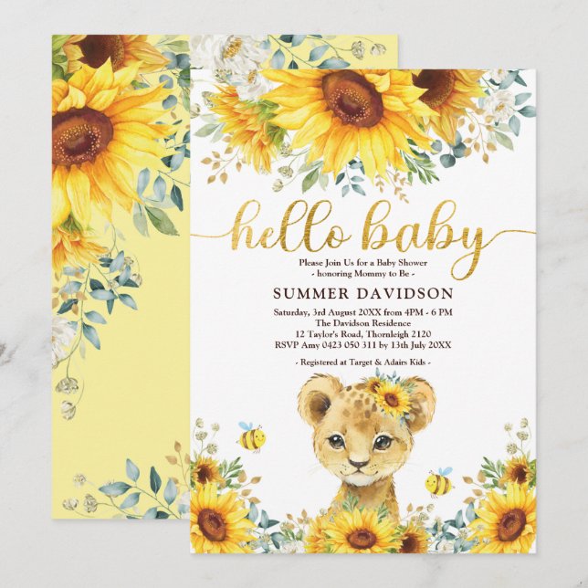 Hello Baby Sunflower Lion Cub Jungle Shower Invitation (Front/Back)