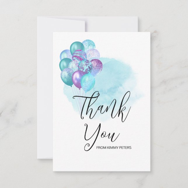 Hello Baby Teal Purple Balloons Baby Shower Thank You Card (Front)