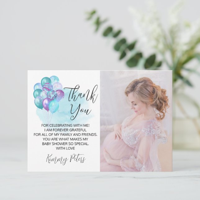 Hello Baby Teal Purple Balloons Baby Shower Thank You Card (Standing Front)