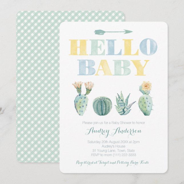 Hello Baby Team Green Genderless Cacti Baby Shower Invitation (Front/Back)