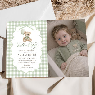 Hello Baby Teddy Bear Baby Shower Green Photo Invitation