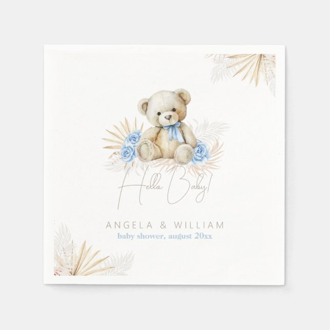 Hello Baby Teddy Bear Boho Blue Boy Baby Shower Napkin (Front)