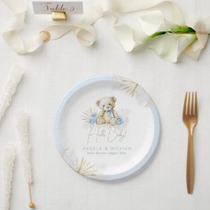 Hello Baby Teddy Bear Boho Blue Boy Baby Shower Paper Plate