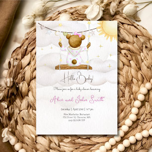 Hello baby teddy bear on the swing Baby shower Invitation