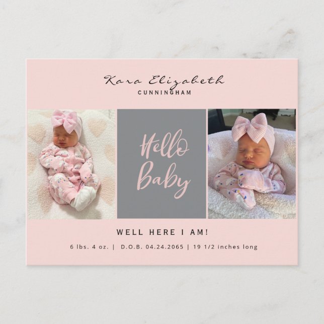Hello Baby Two Photo Girl Baby Pink Birth Announcement Postcard (Front)
